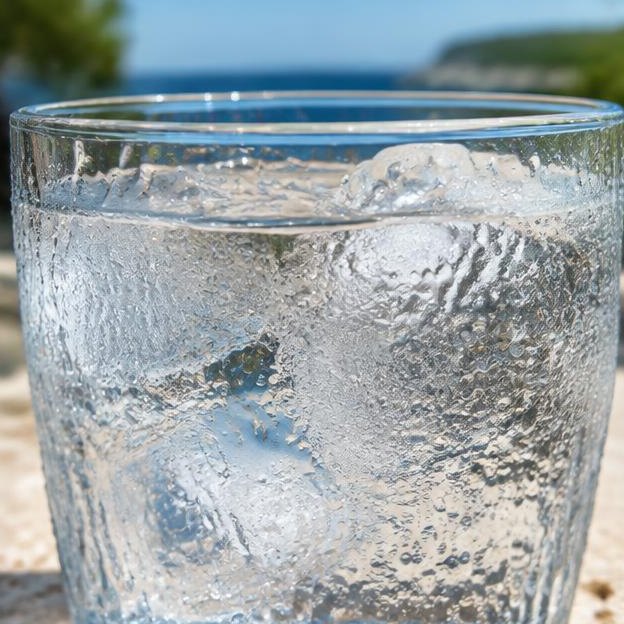 Illustrative editorial image: Close-up of ice cubes and cold water in a glass with condensation