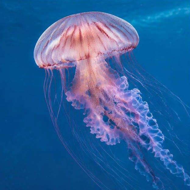 Illustrative editorial image: Single mauve stinger jellyfish underwater, detailed natural marine photography