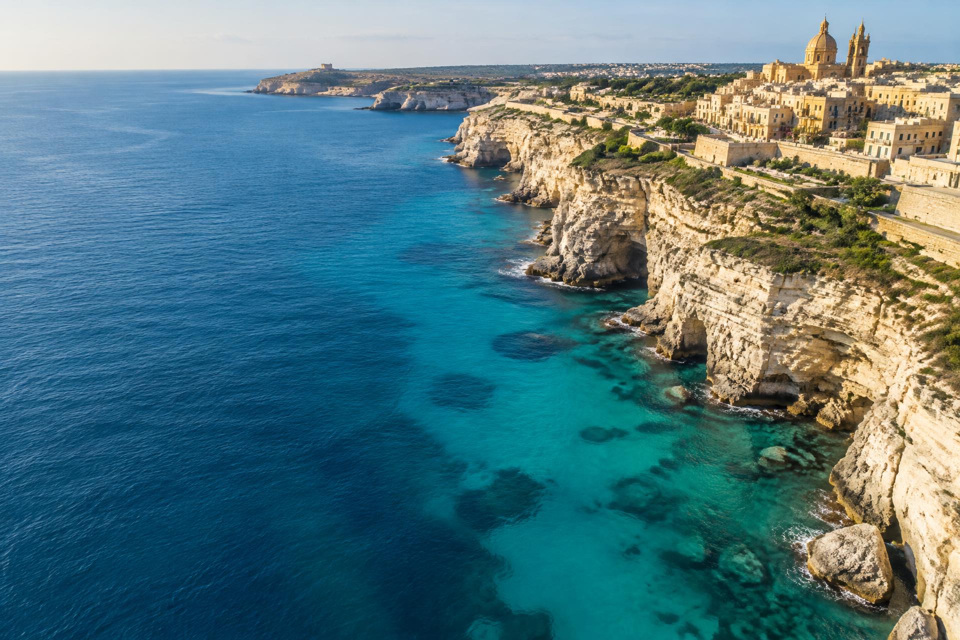 Turquoise Mediterranean water along Malta’s limestone coast