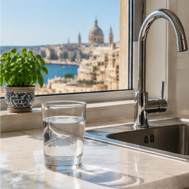 Illustrative editorial image: Glass of tap water beside a kitchen faucet in a Maltese apartment